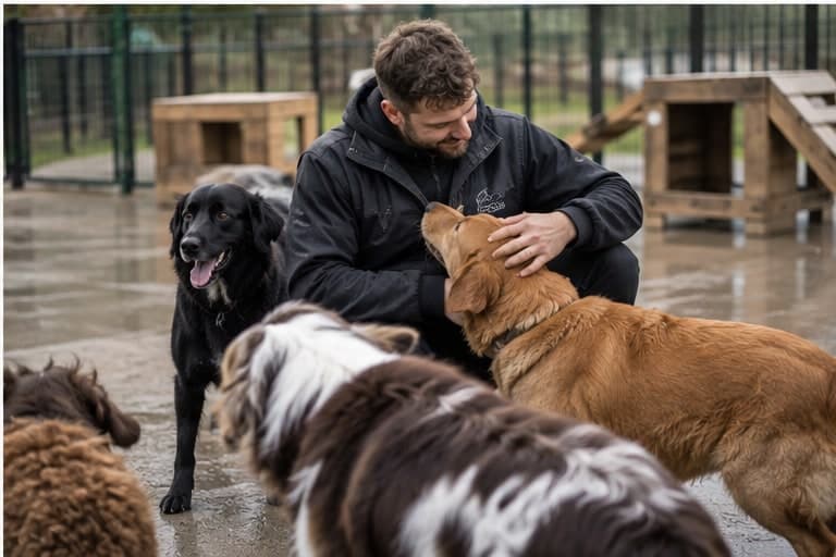 Een verzorger begroet een hond op de buitenplaats van een dagopvang