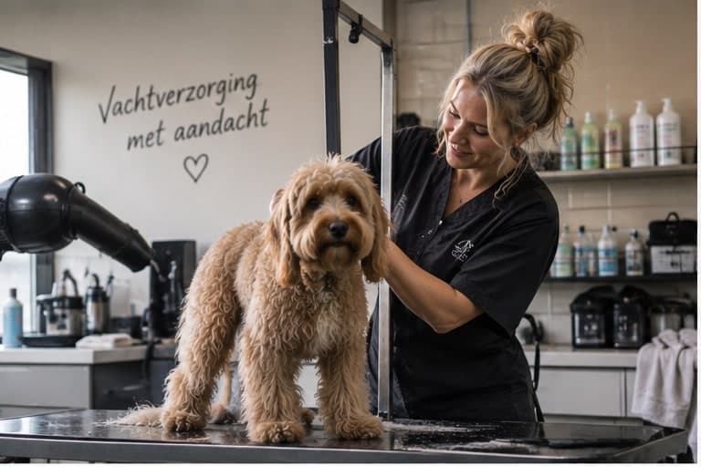 Een trimmer verzorgt rustig de vacht van een hond op de trimtafel