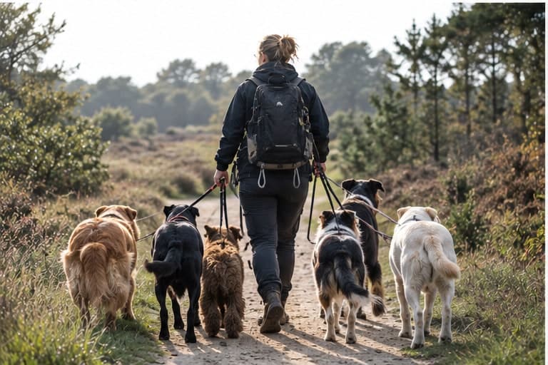 Een hondenuitlaatservice loopt met een rustige groep honden over de heide